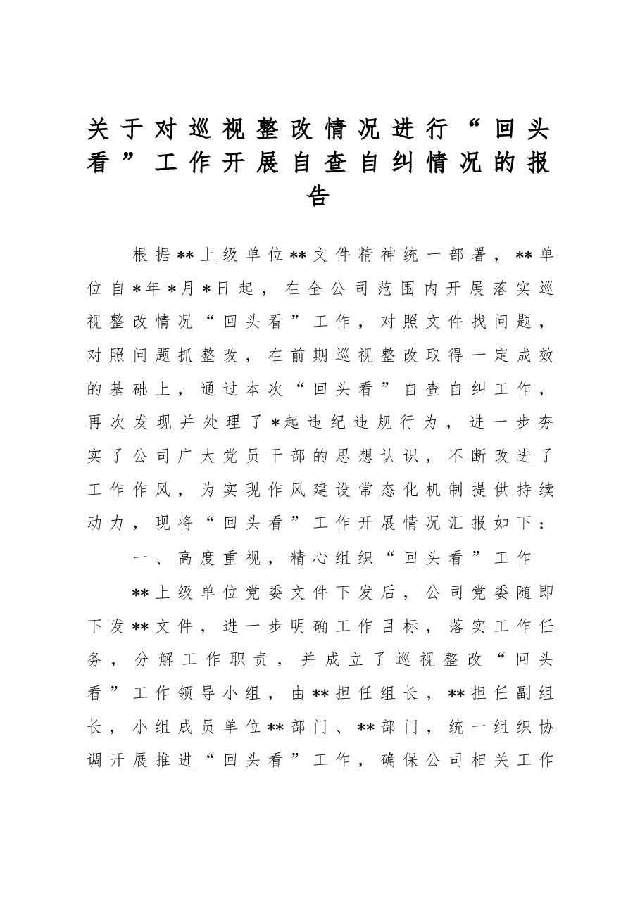 关于对巡视整改情况进行“回头看”工作开展自查自纠情况的报告.doc，第1页预览