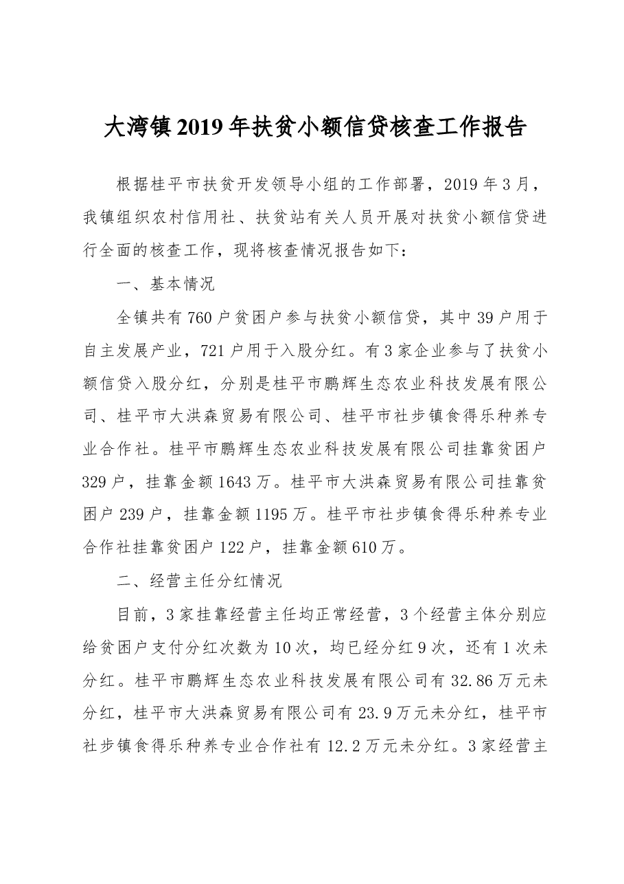 大湾镇2019年扶贫小额信贷核查工作报告.docx,第1页预览