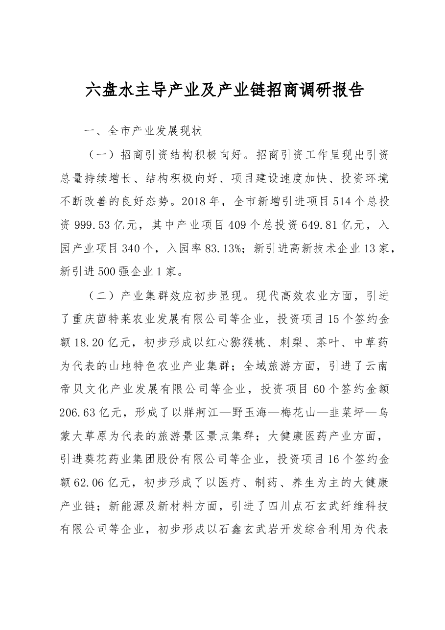 调研报告2:六盘水主导产业及产业链招商调研报告.doc,第1页预览