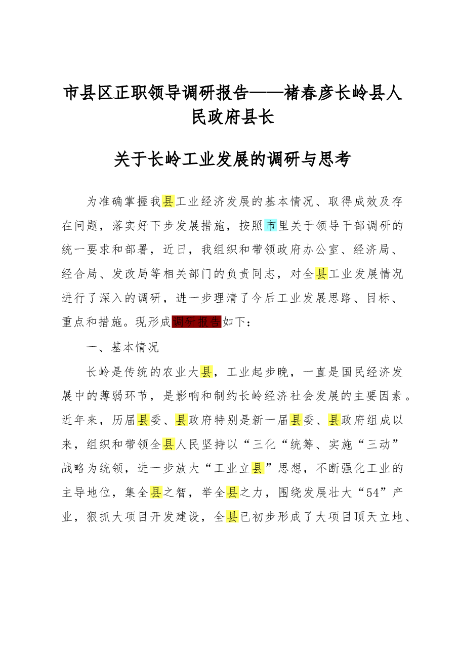 市县区正职领导调研报告(工业经济).doc,第1页预览