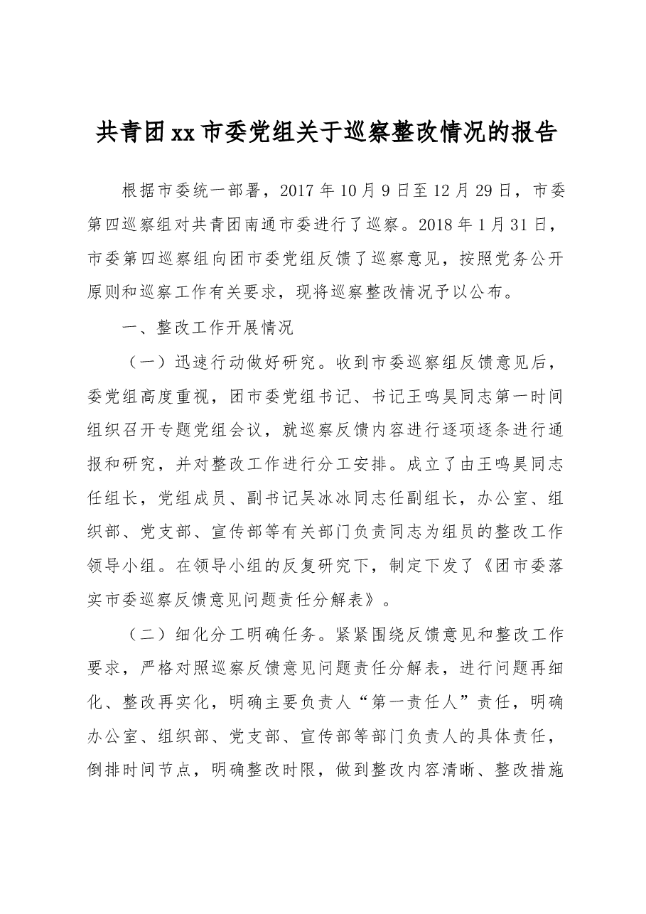 共青团xx市委党组关于巡察整改情况的报告.docx,第1页预览