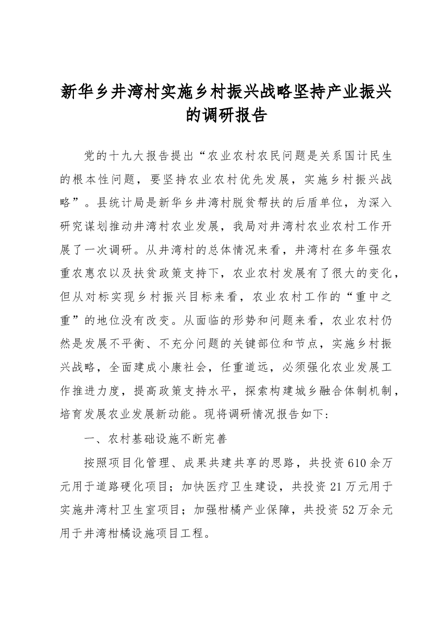 新华乡井湾村实施乡村振兴战略 坚持产业振兴的调研报告.docx,第1页预览