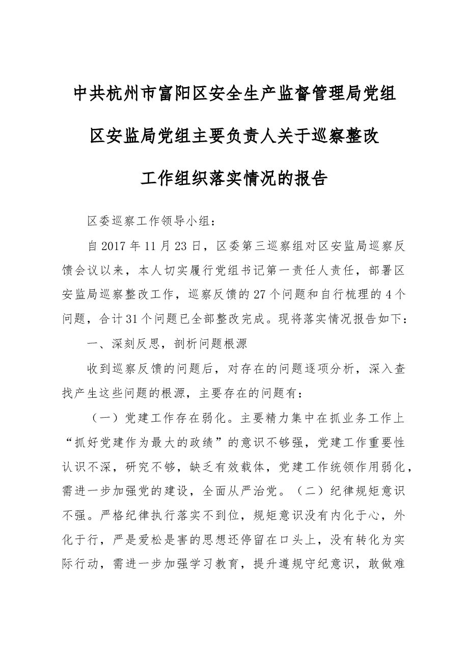 安监局主要负责人组织落实巡察整改情况报告.doc,第1页预览