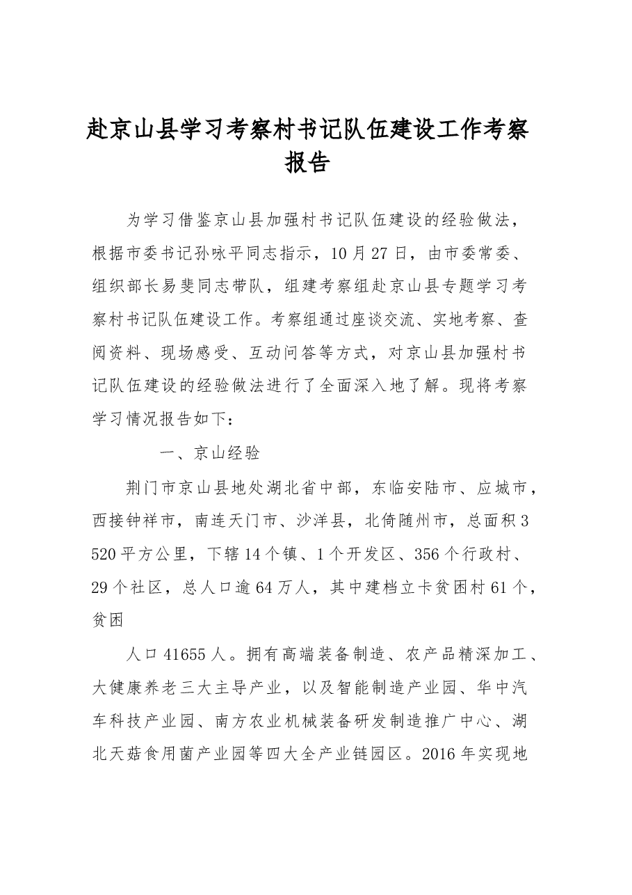 赴京山县学习考察村书记队伍建设工作考察报告.docx,第1页预览