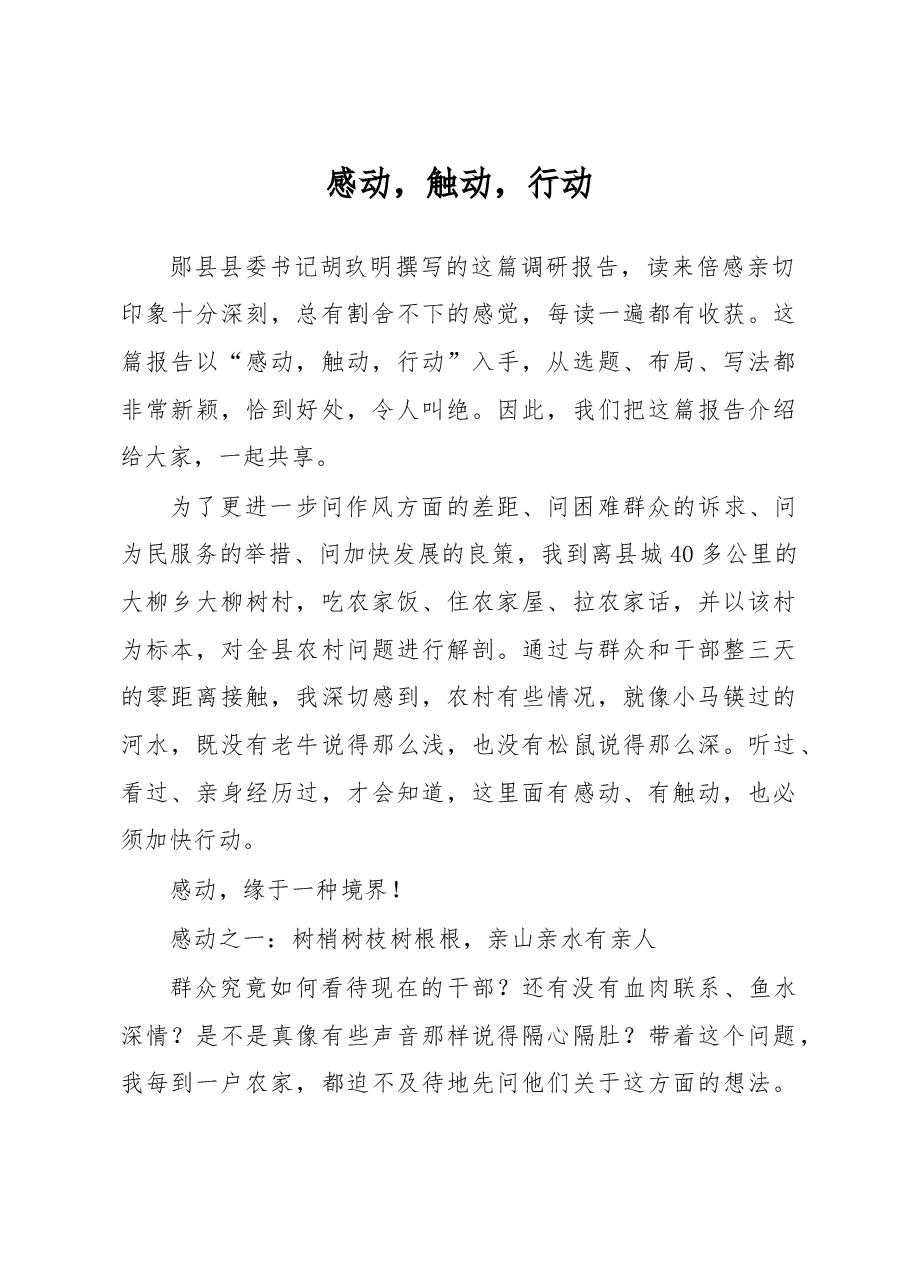 郧县县委书记胡玖明撰写的调研报告（感动，触动，行动）.doc，第1页预览