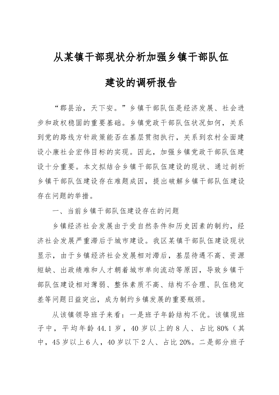 乡镇干部队伍建设工作调研报告.docx,第1页预览