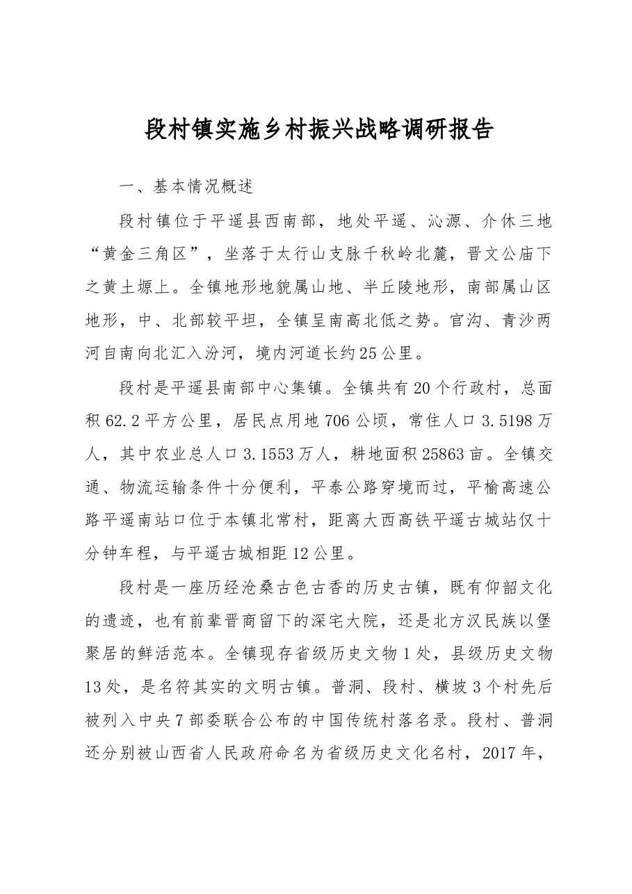 段村镇实施乡村振兴战略调研报告.docx,第1页预览