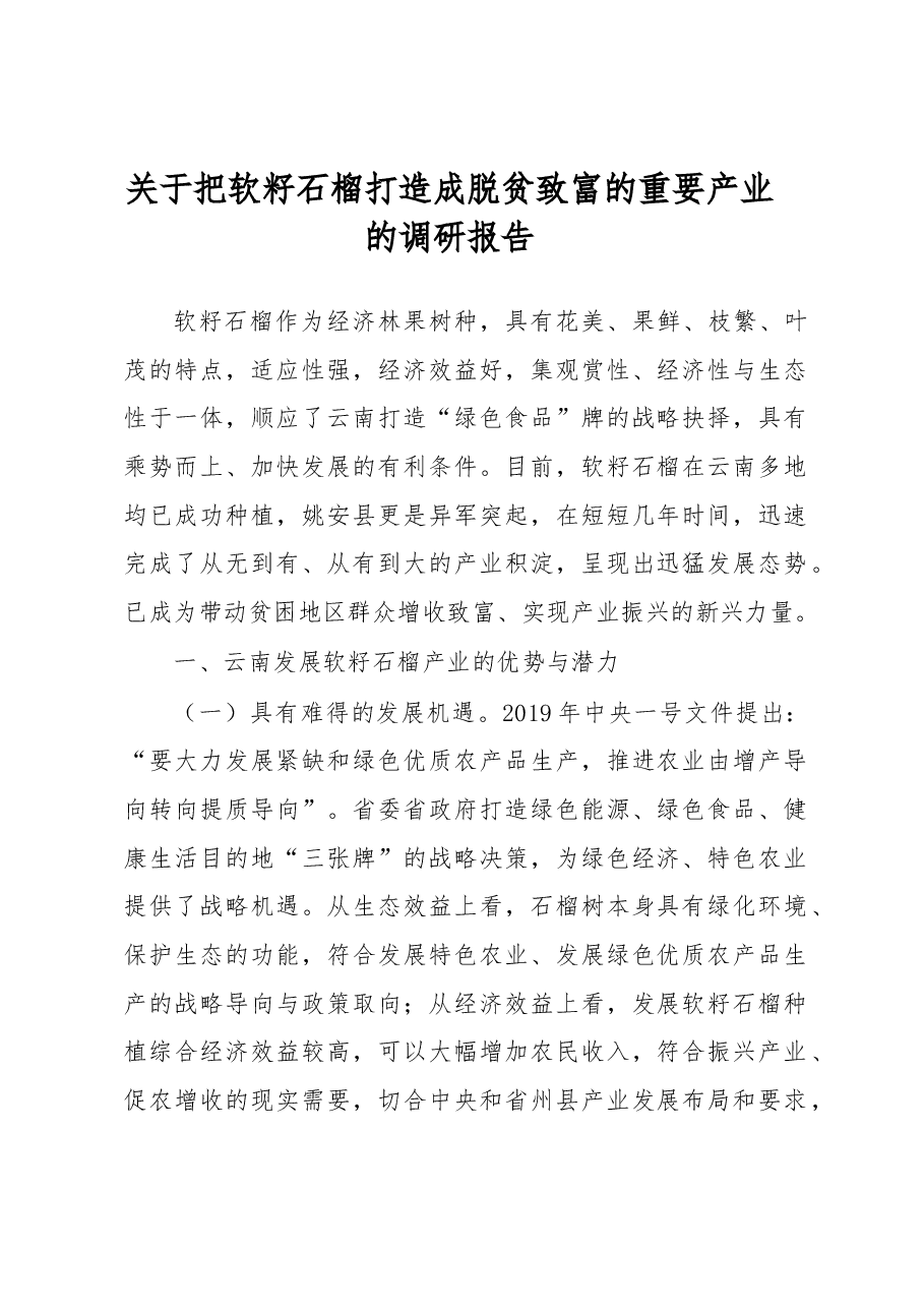 关于把软籽石榴打造成脱贫致富的重要产业的调研报告.docx,第1页预览