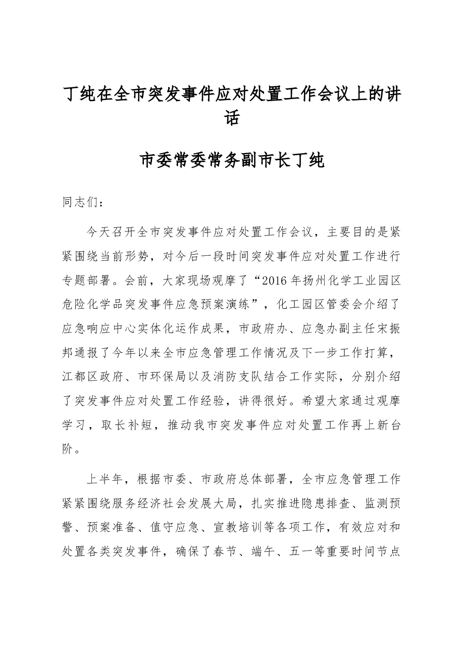 丁纯:在全市突发事件应对处置工作会议上的讲话.docx,第1页预览