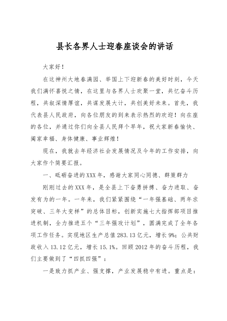 县长在各界人士迎春座谈会的讲话.docx,第1页预览
