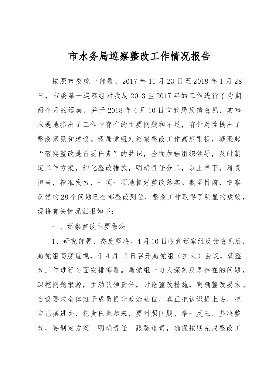 市水务局巡察整改工作情况报告.docx,第1页预览