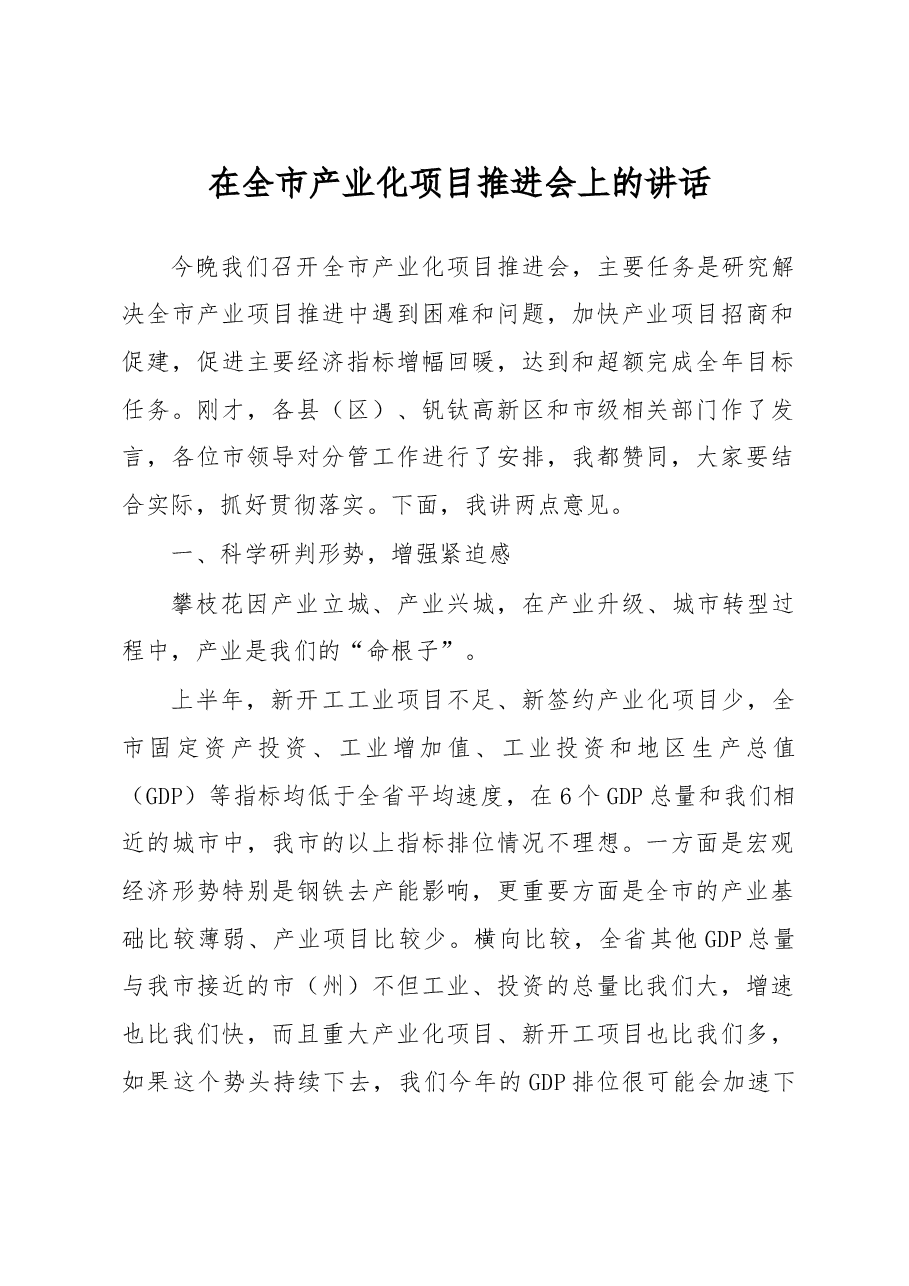 在全市产业化项目推进会上的讲话.doc,第1页预览