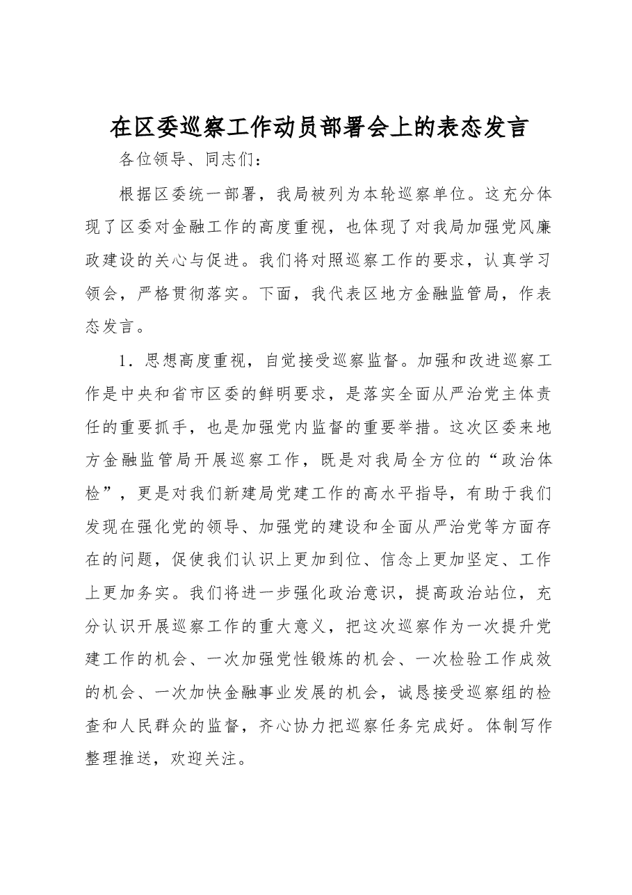 在区委巡察工作动员部署会上的表态发言.docx,第1页预览