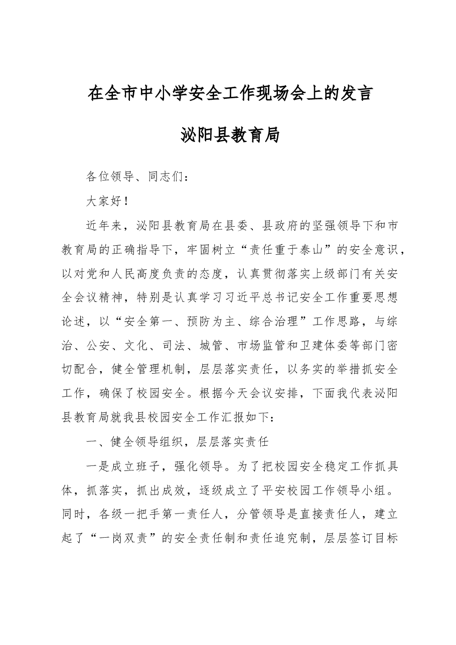 在全市中小学安全工作现场会上的发言.docx,第1页预览