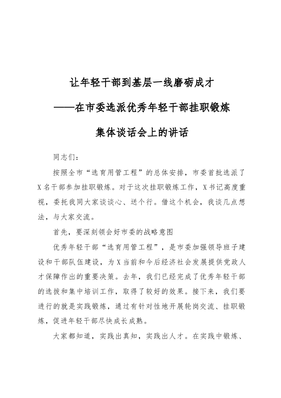 在市委选派优秀年轻干部挂职锻炼集体谈话会上的讲话.docx,第1页预览