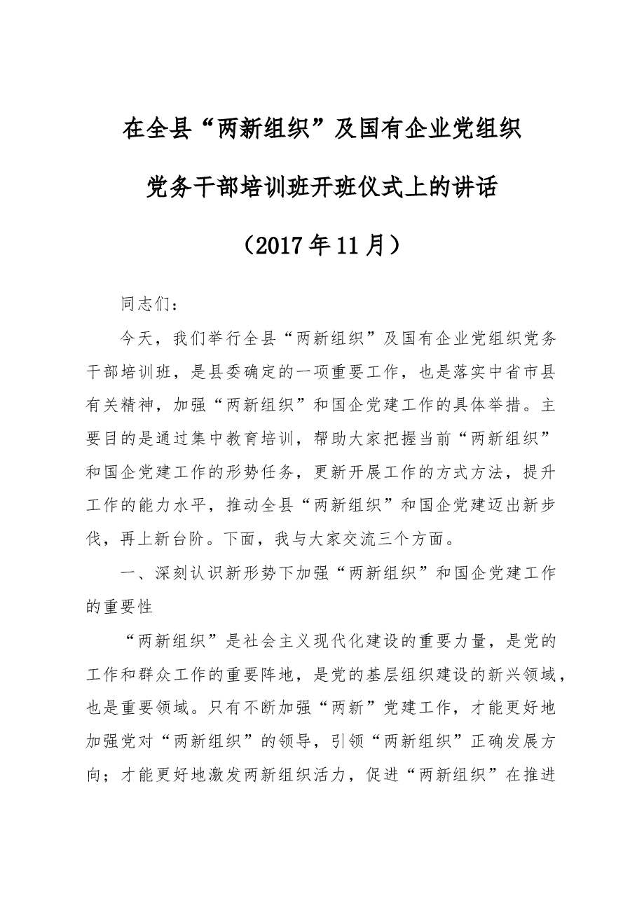 在全县“两新组织”及国有企业党组织党务干部培训班开班仪式上的讲话.doc,第1页预览