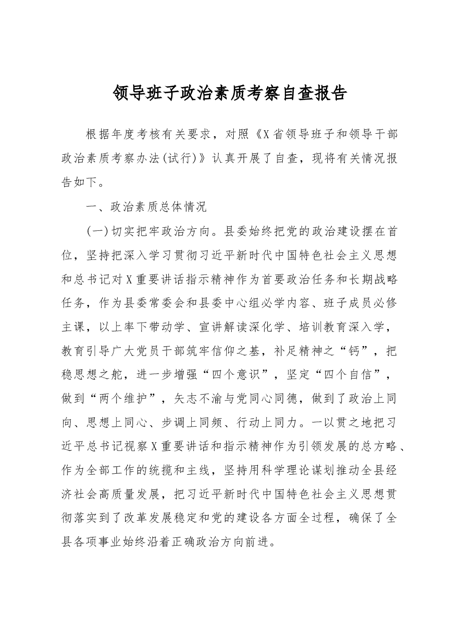 领导班子政治素质考察自查报告.docx,第1页预览
