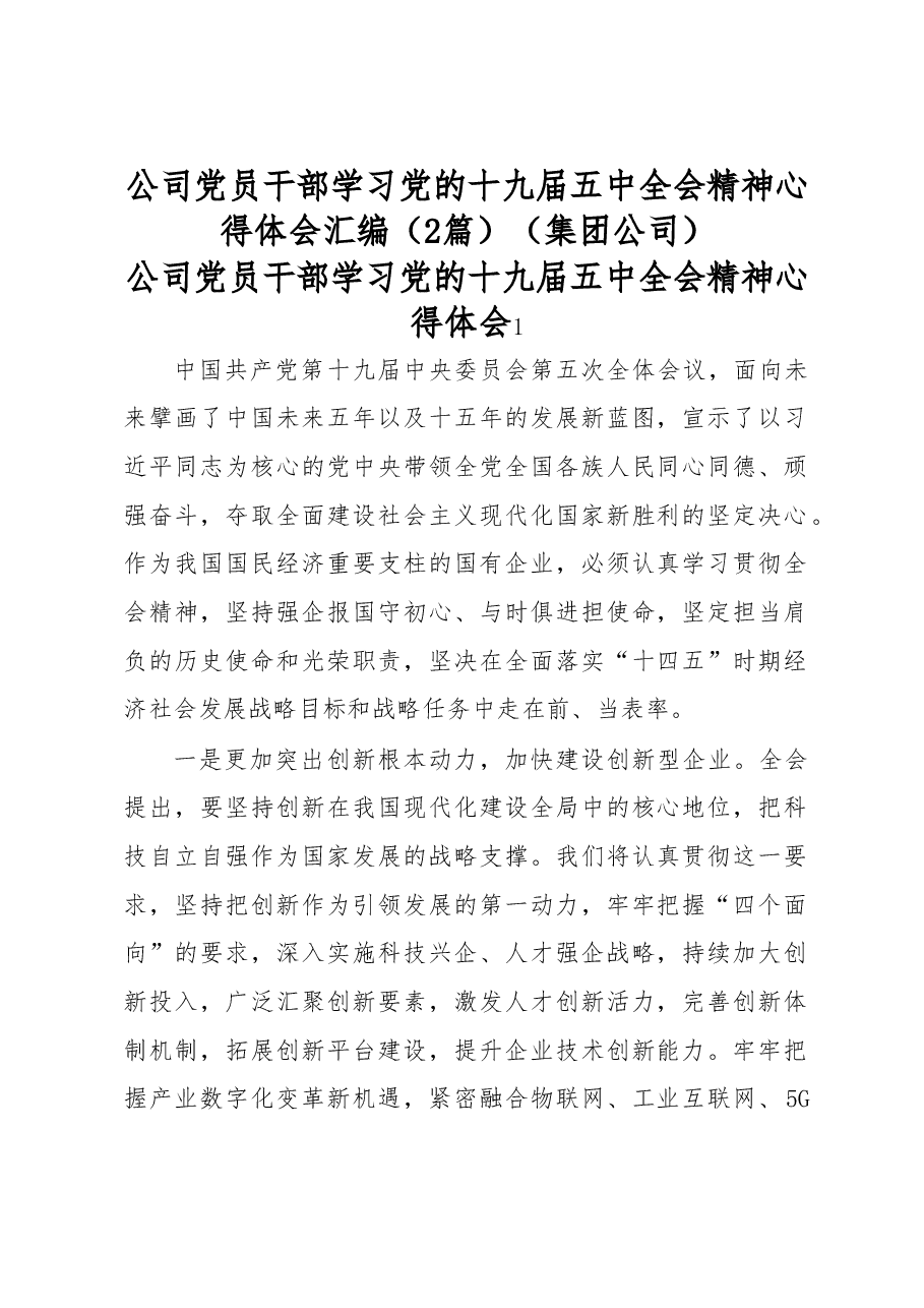 (2篇)公司党员干部学习党的十九届五中全会精神心得体会汇编(集团公司).doc,第1页预览