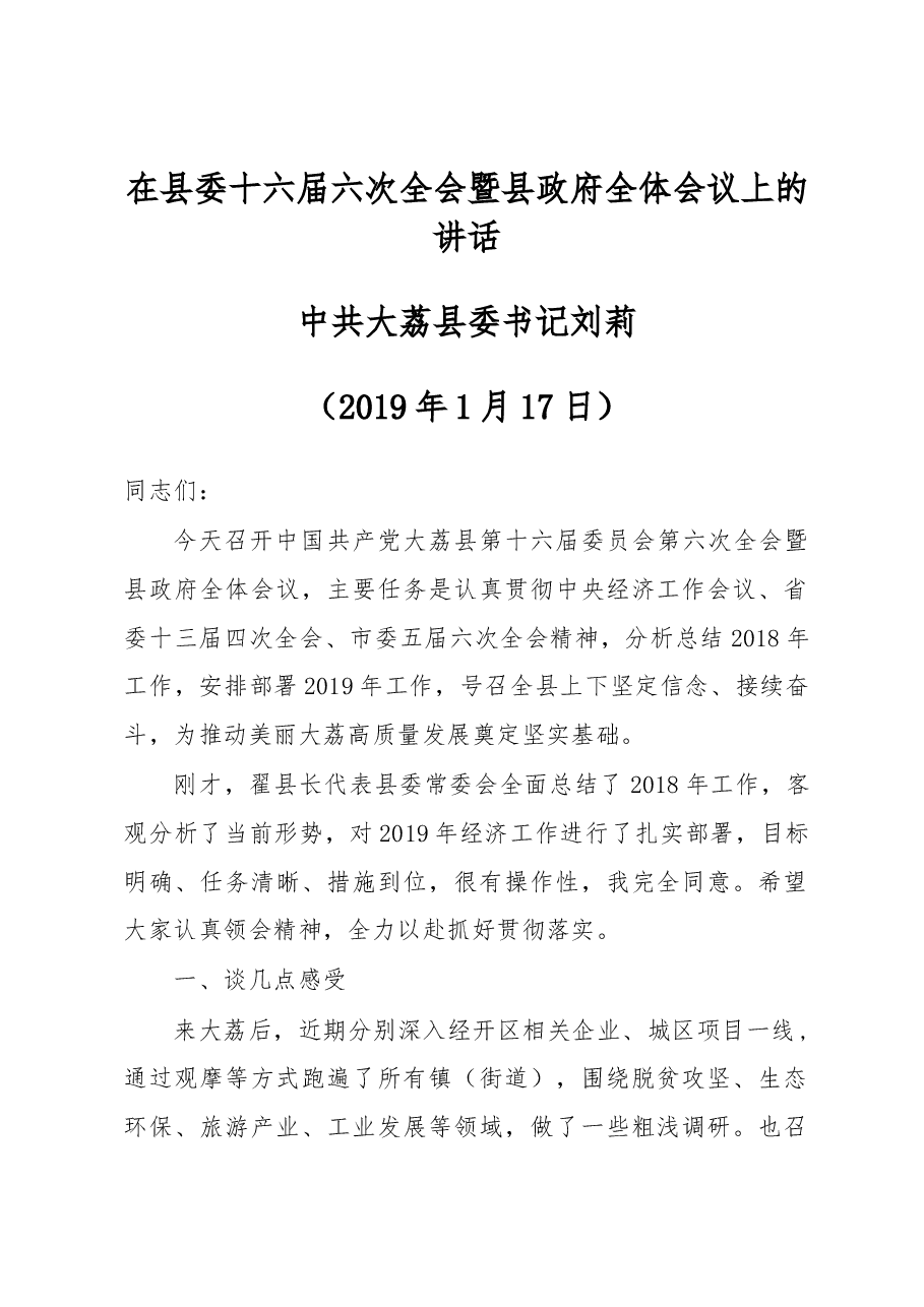 刘莉书记在县委十六届六次全会暨县政府全体会议上的讲话.docx,第1页预览