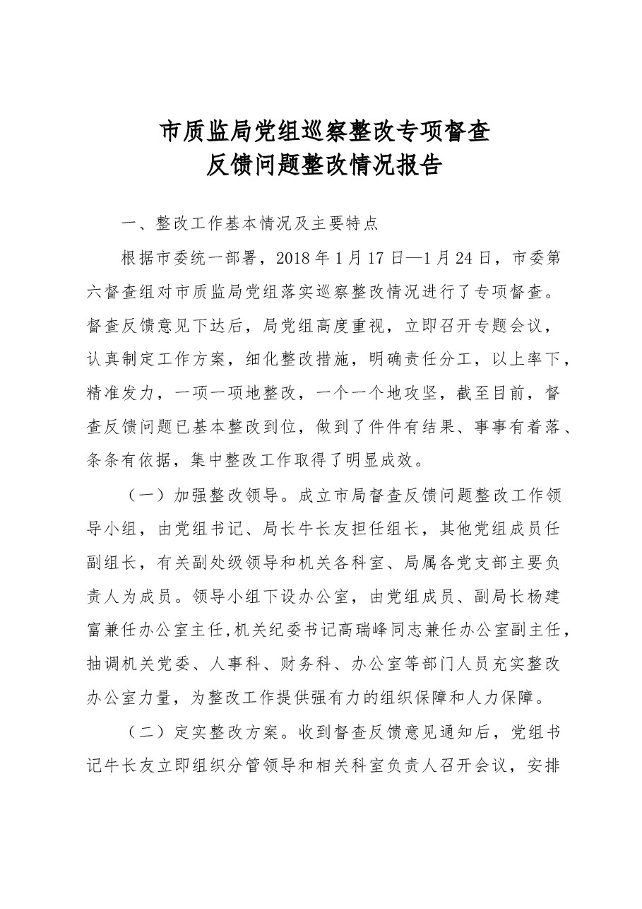市质监局党组巡察整改专项督查反馈问题整改情况报告.docx,第1页预览