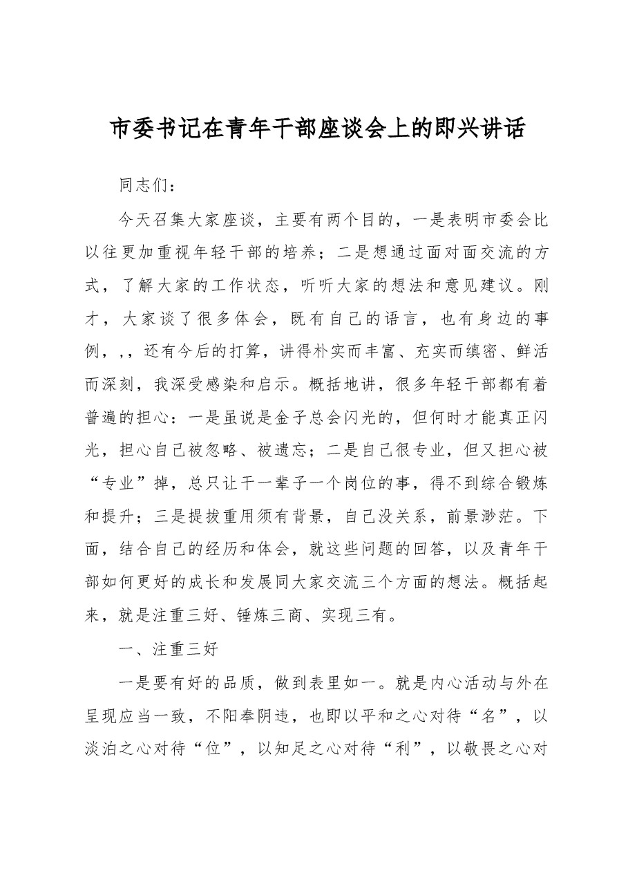 市委书记在青年干部座谈会上的即兴讲话.docx，第1页预览