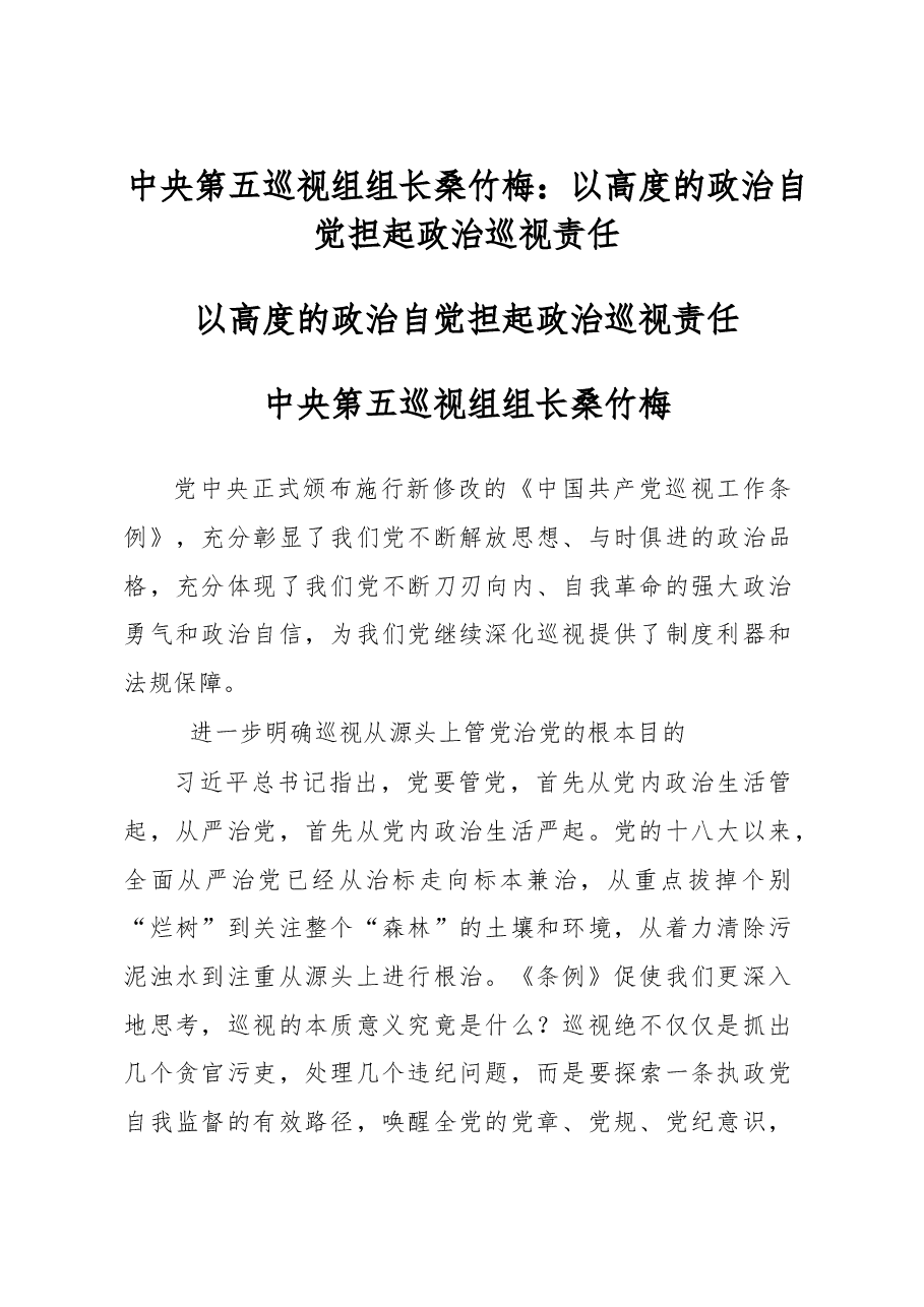 中央第五巡视组组长桑竹梅:以高度的政治自觉担起政治巡视责任.doc,第1页预览
