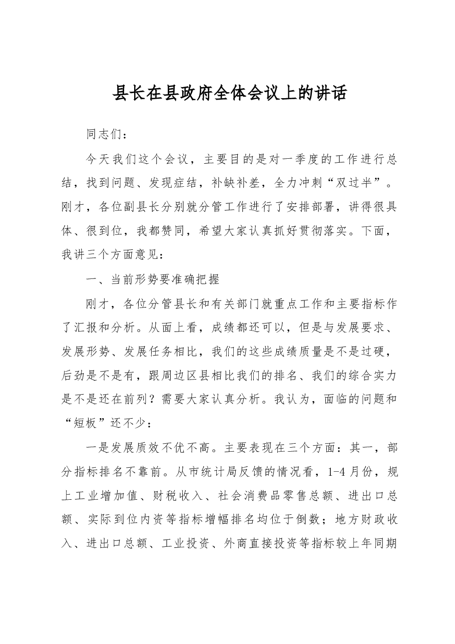 县长在县政府全体会议上的讲话.docx,第1页预览