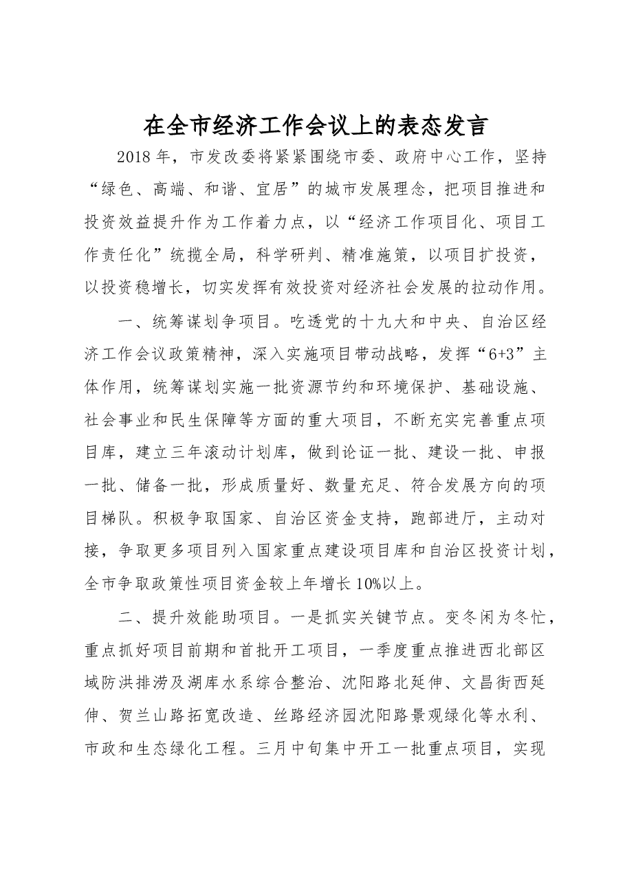 在全市经济工作会议上的表态发言.doc,第1页预览