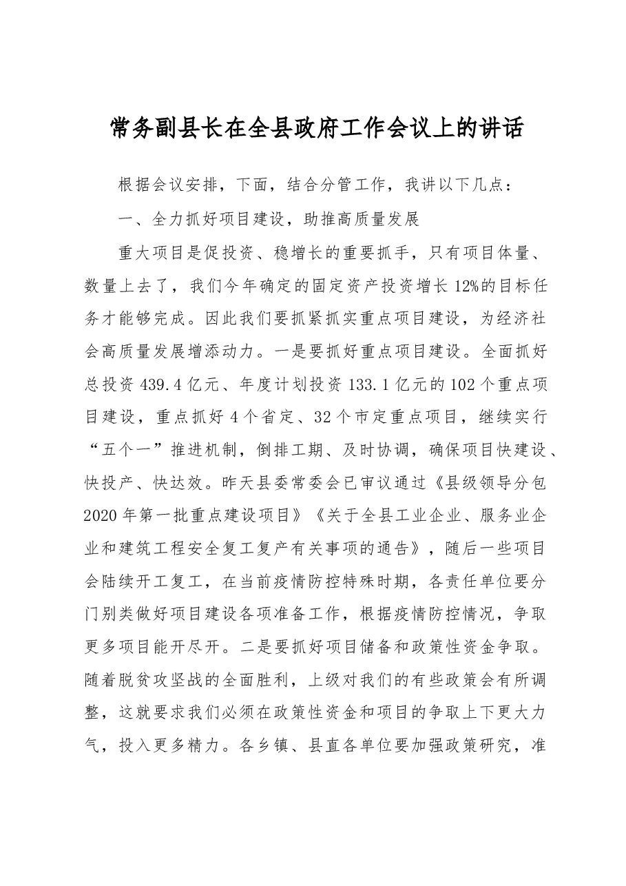 常务副县长在全县政府工作会议上的讲话.docx,第1页预览