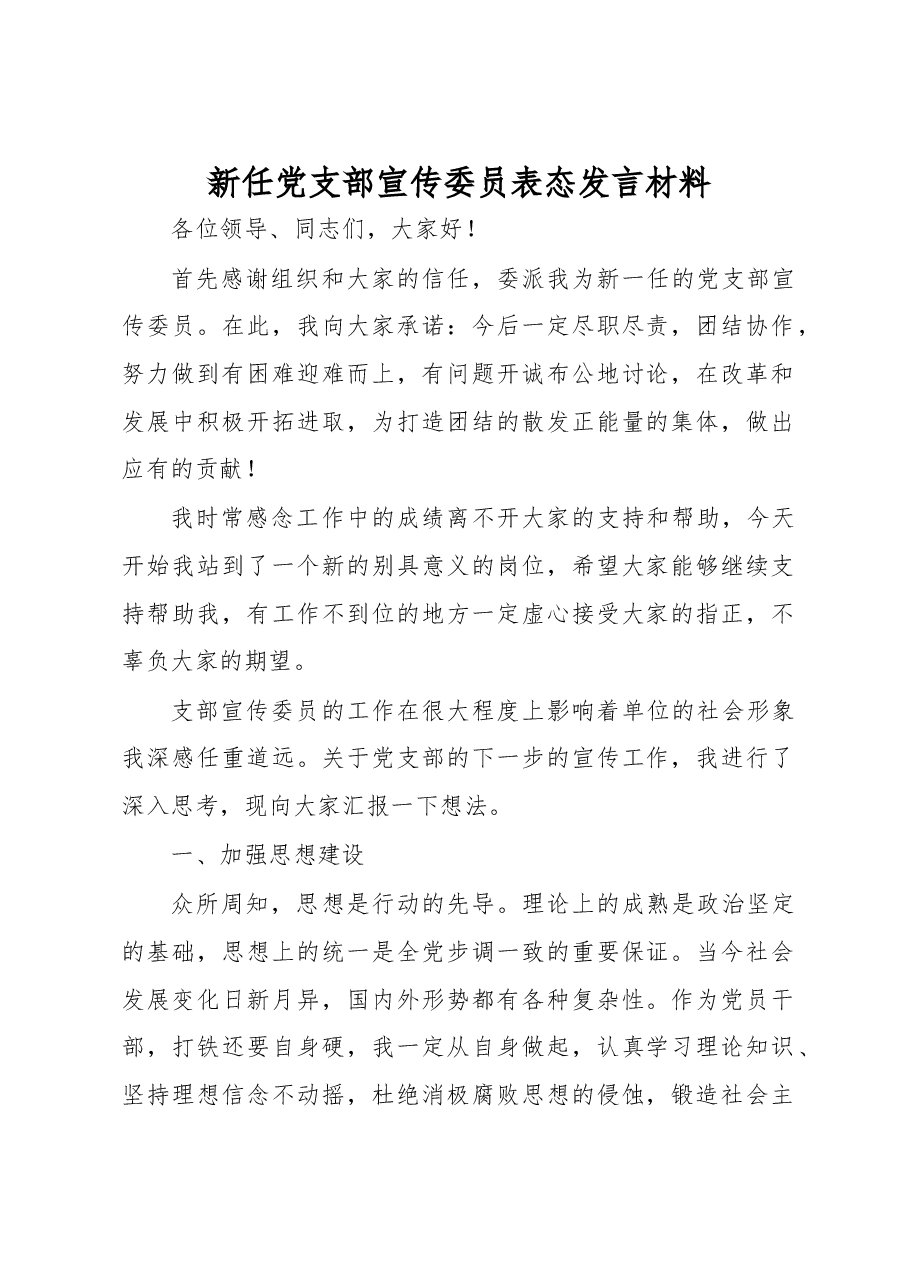 新任党支部宣传委员表态发言.docx,第1页预览
