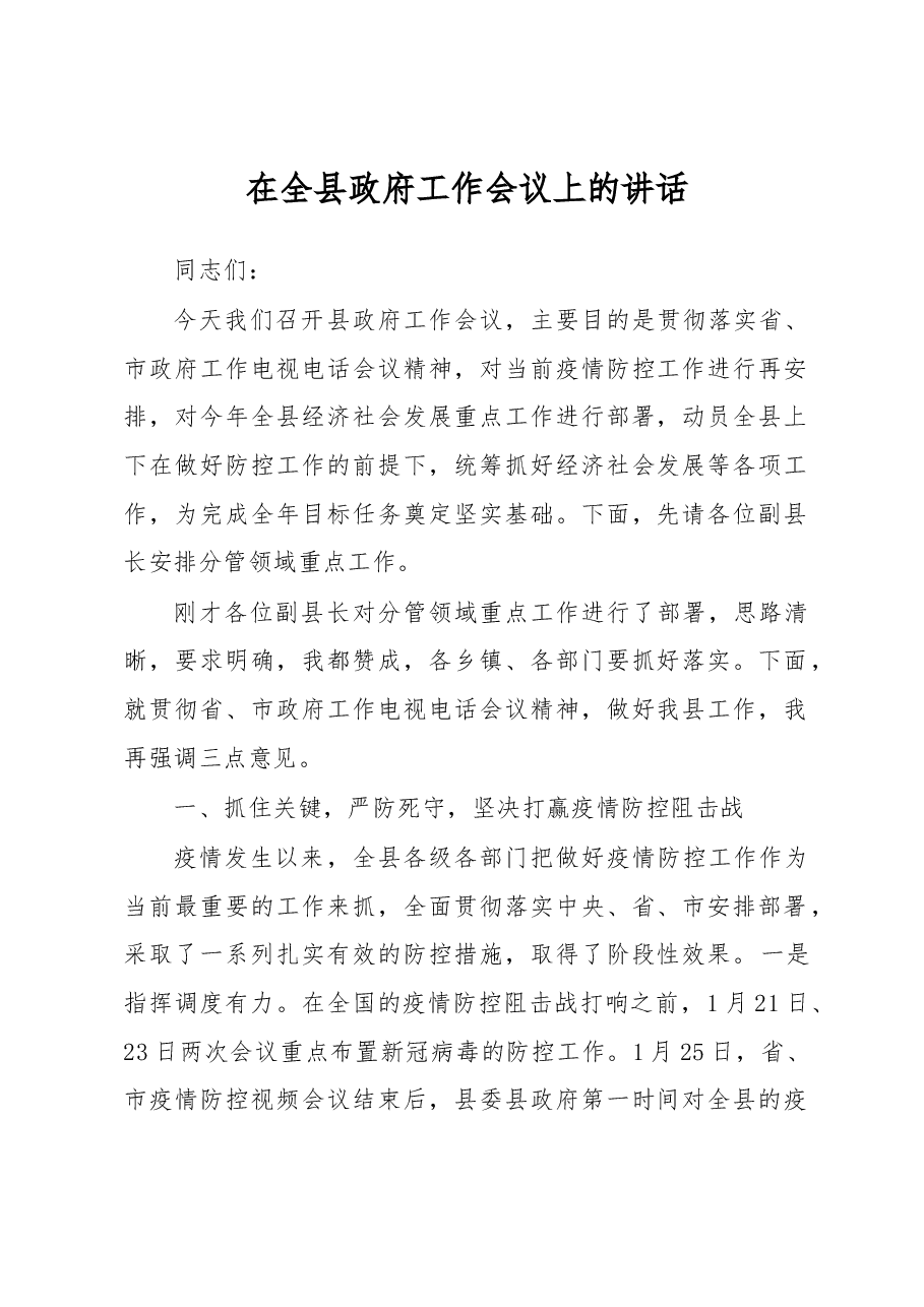 在全县政府工作会议上的讲话.docx,第1页预览