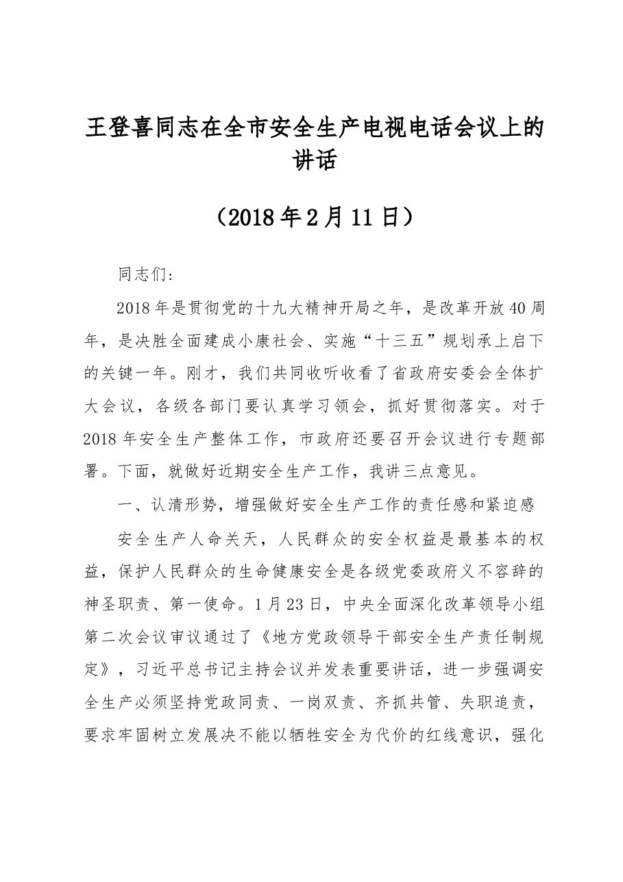 王登喜同志在全市安全生产电视电话会议上的讲话.docx,第1页预览