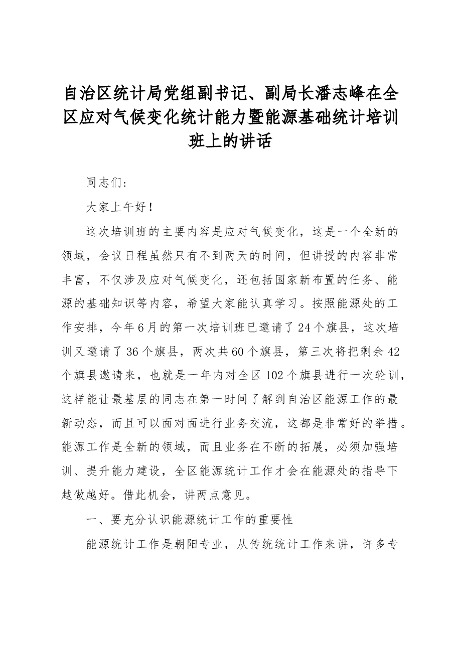 潘志峰在全区应对气候变化统计能力暨能源基础统计培训班上的讲话.docx,第1页预览