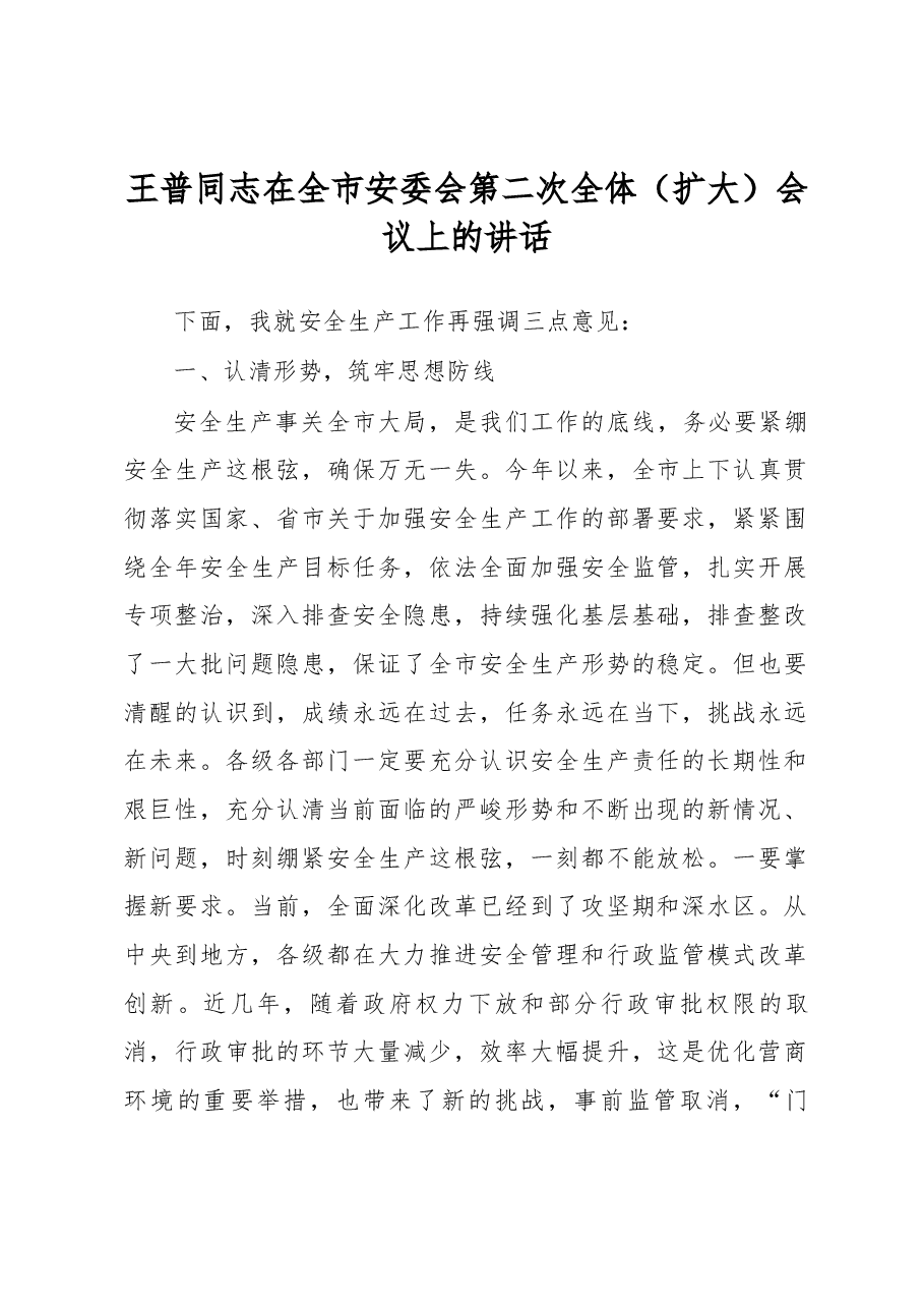 王普同志在全市安委会第二次全体（扩大） 会议上的讲话.docx，第1页预览