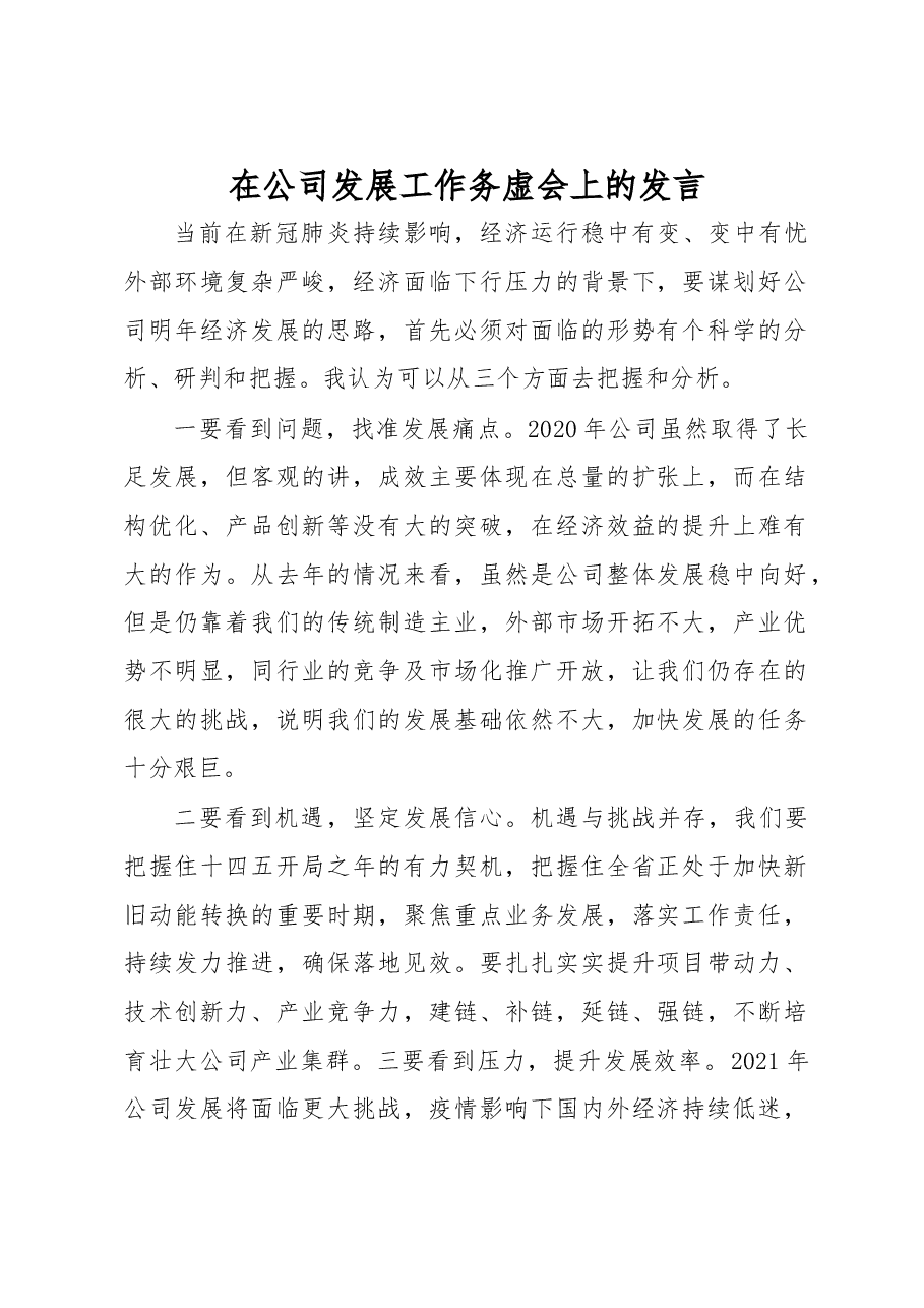 在公司发展工作务虚会上的发言.docx,第1页预览