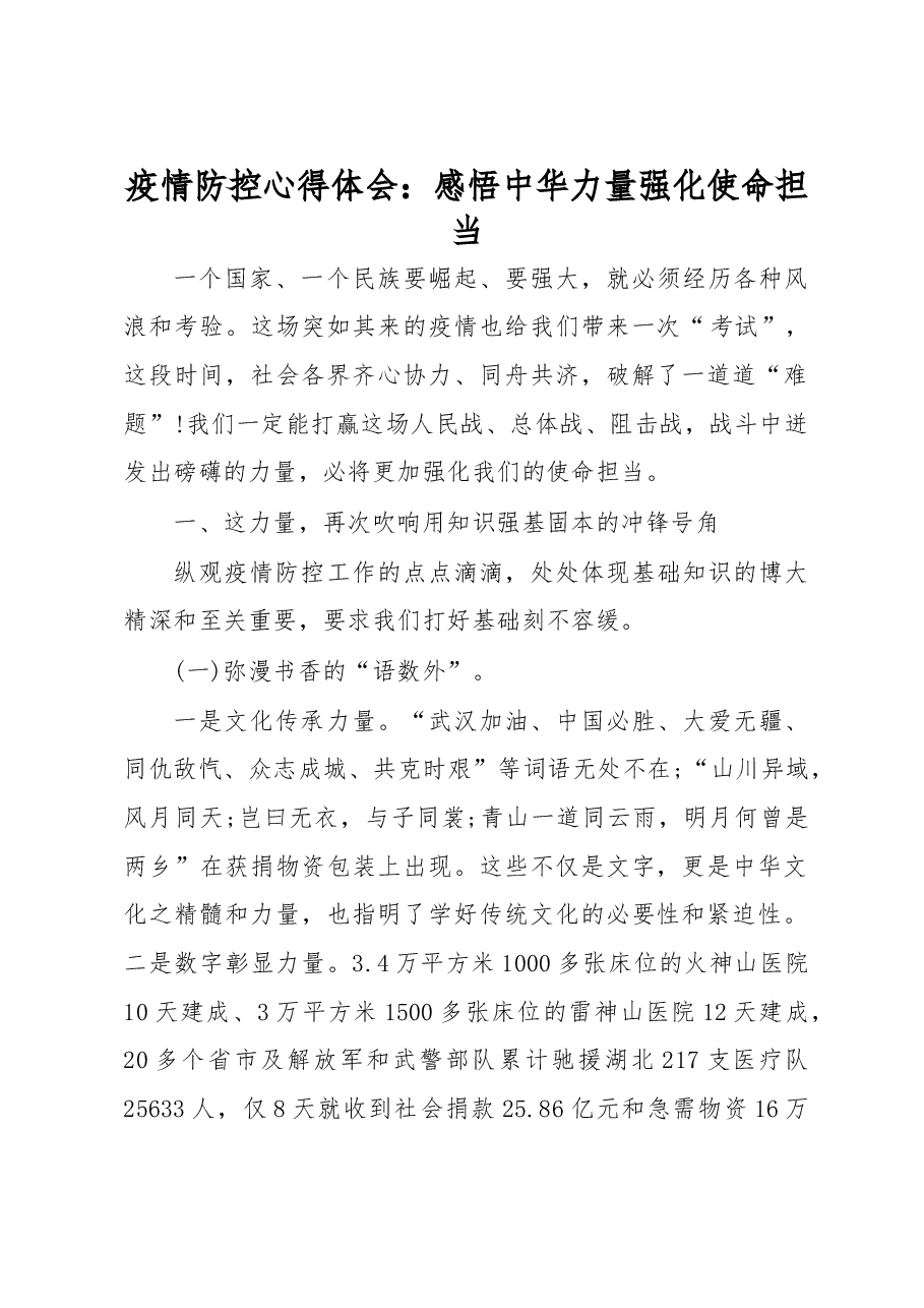 疫情防控心得体会:感悟中华力量强化使命担当.docx,第1页预览