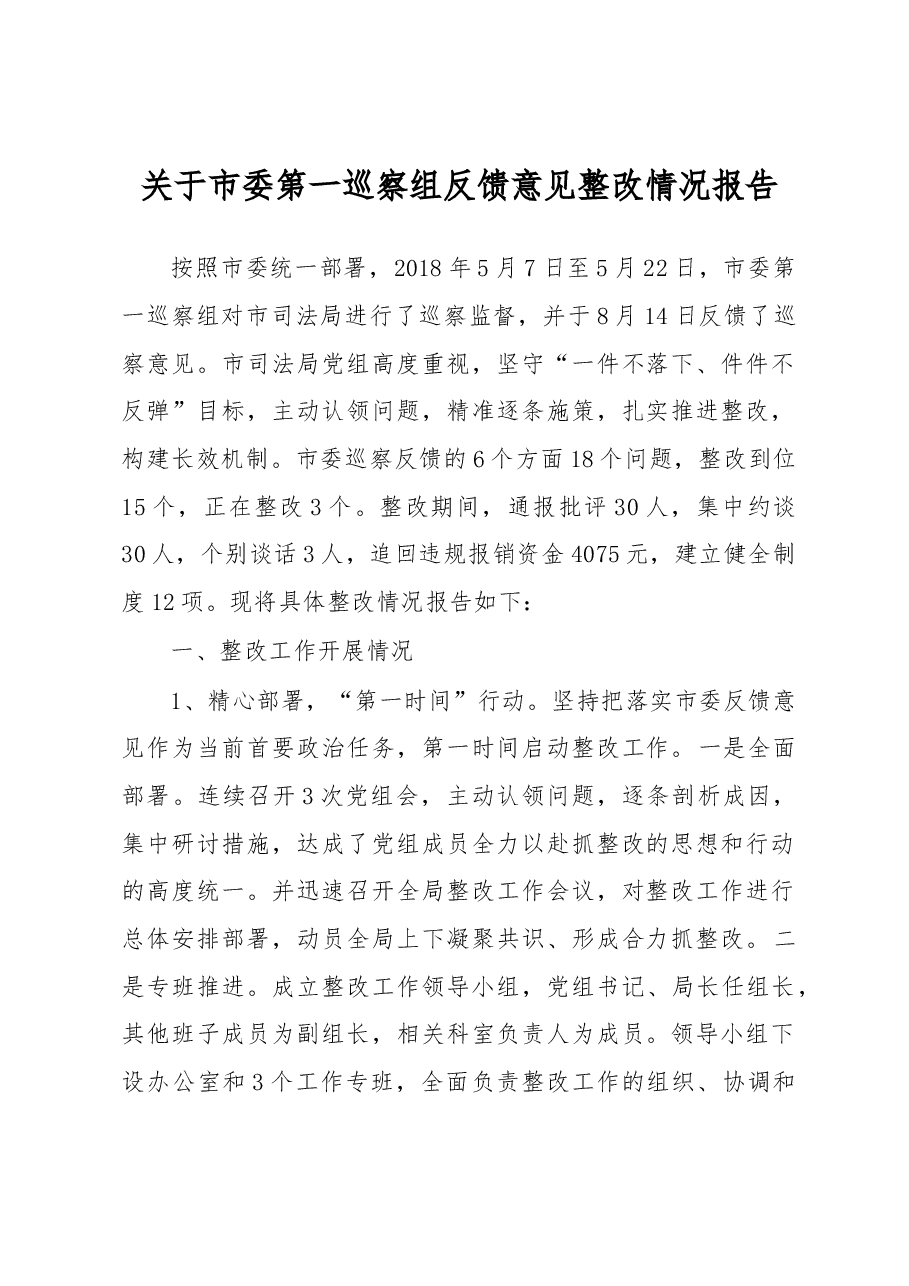 关于市委第一巡察组反馈意见整改情况报告.docx,第1页预览