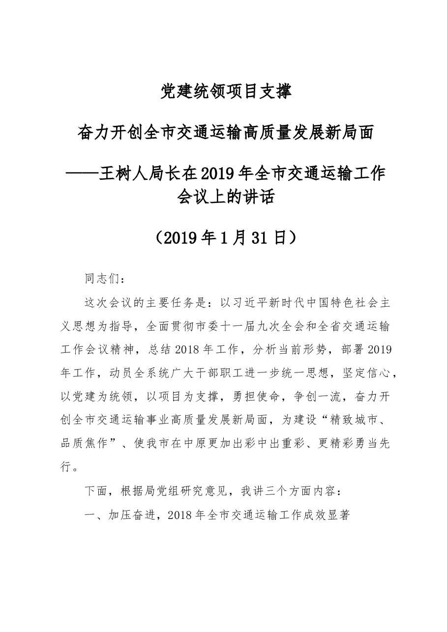 王树人局长在2019年全市交通运输工作会议上的讲话.docx,第1页预览