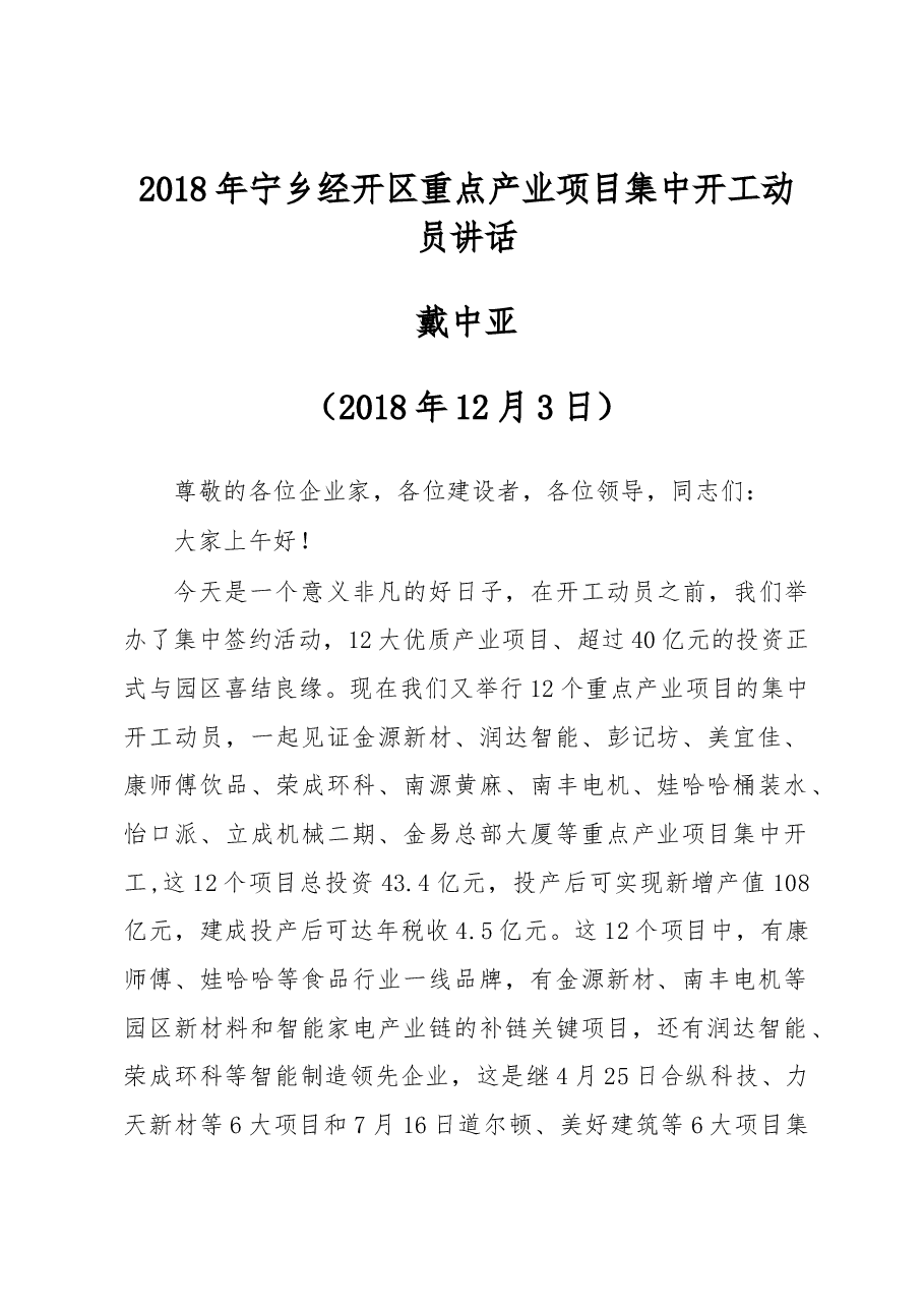 2018年宁乡经开区重点产业项目集中开工动员讲话.docx,第1页预览