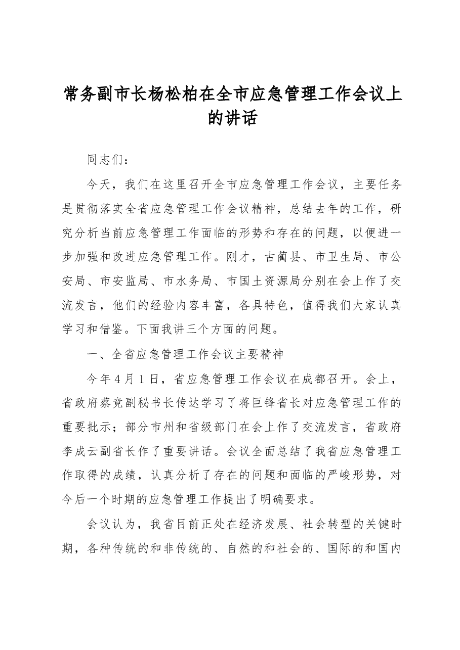 常务副市长杨松柏:在全市应急管理工作会议上的讲话.docx,第1页预览