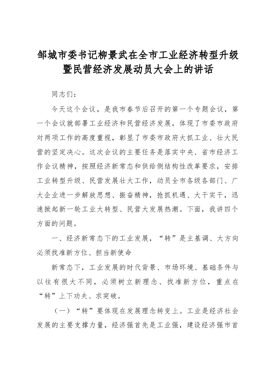 邹城市委书记柳景武在全市工业经济转型升级暨民营经济发展动员大会上的讲话.doc,第1页预览