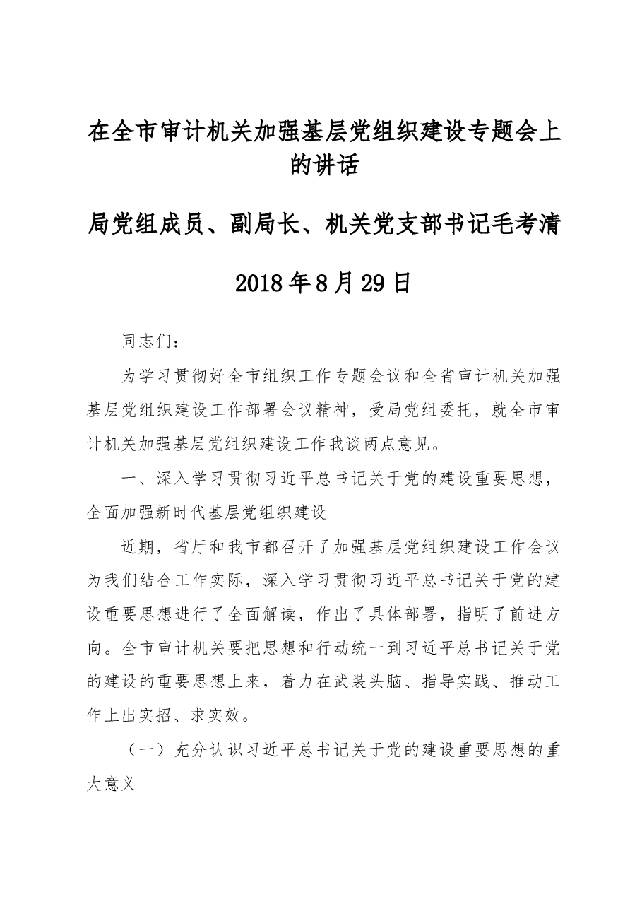 在全市审计机关加强基层党组织建设专题会上的讲话.docx,第1页预览