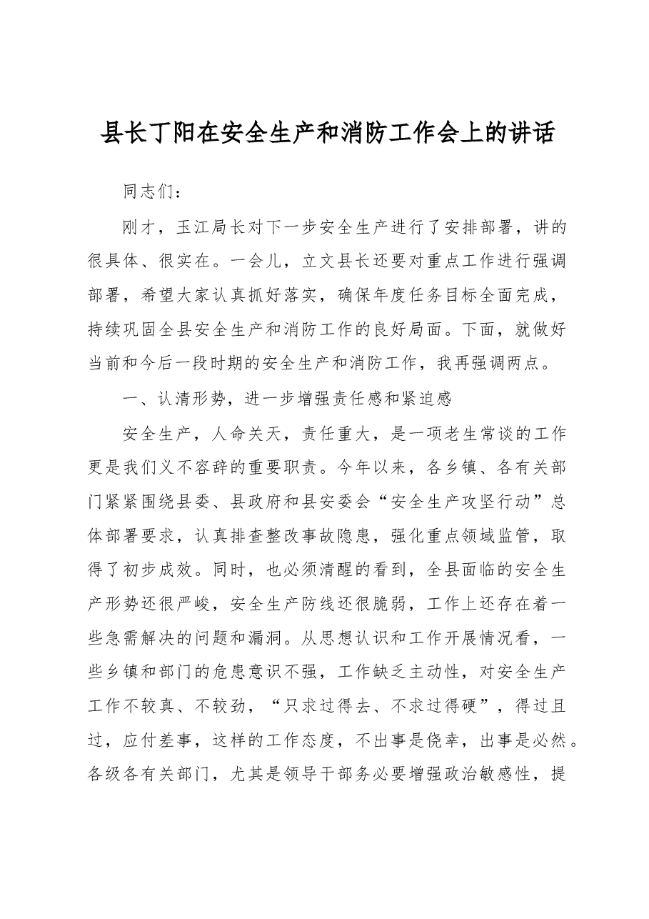 县长丁阳：在安全生产、消防工作会上的讲话提纲.docx，第1页预览