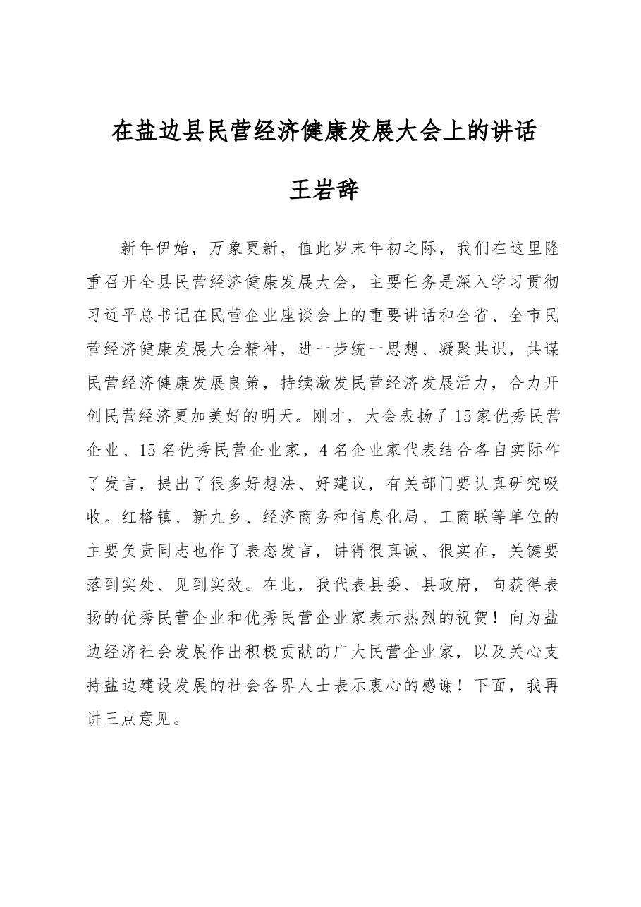 王岩辞同志在盐边县民营经济健康发展大会上的讲话.docx,第1页预览