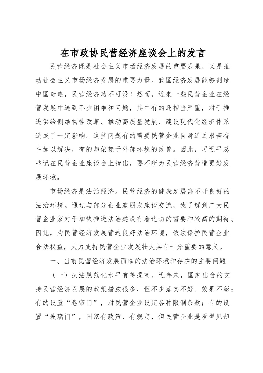 在市政协民营经济座谈会上的发言.docx,第1页预览