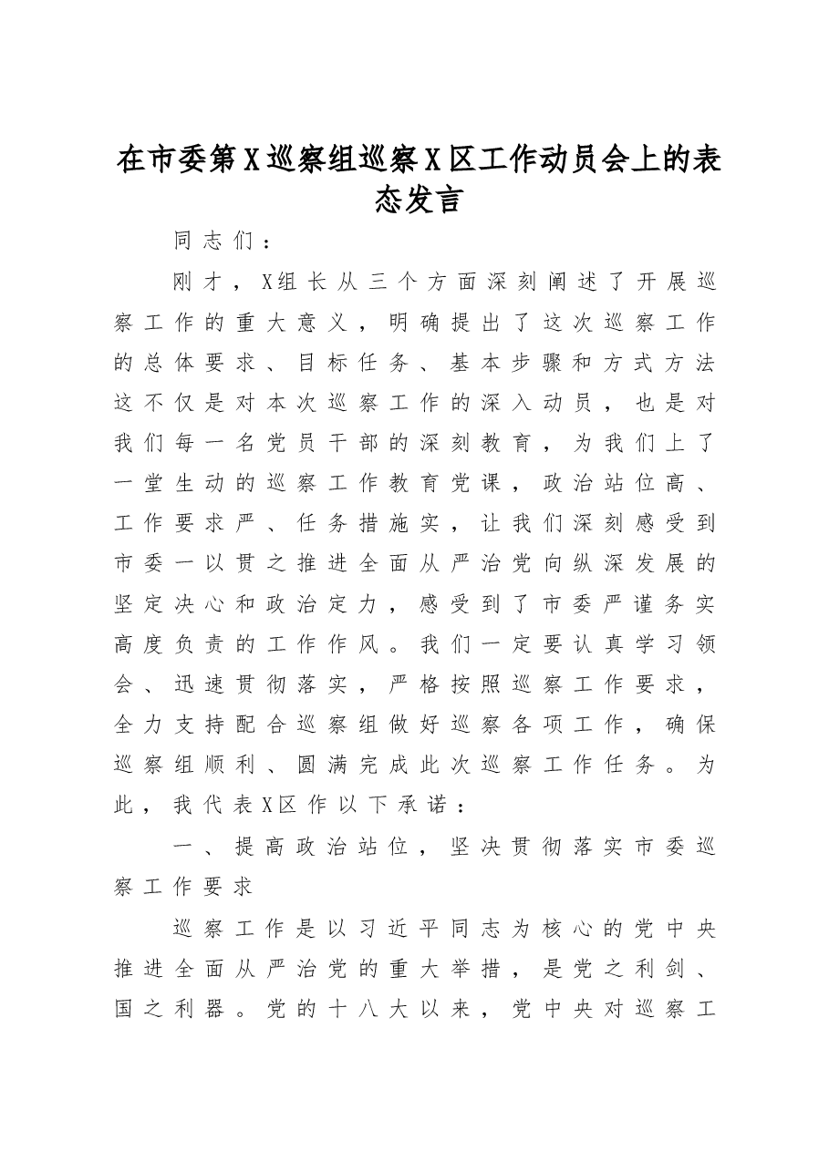 在市委第X巡察组巡察X区工作动员会上的表态发言.docx,第1页预览