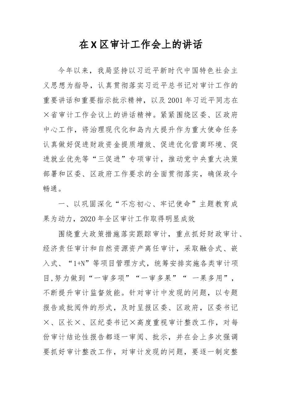 在X区审计工作会上的讲话.docx,第1页预览