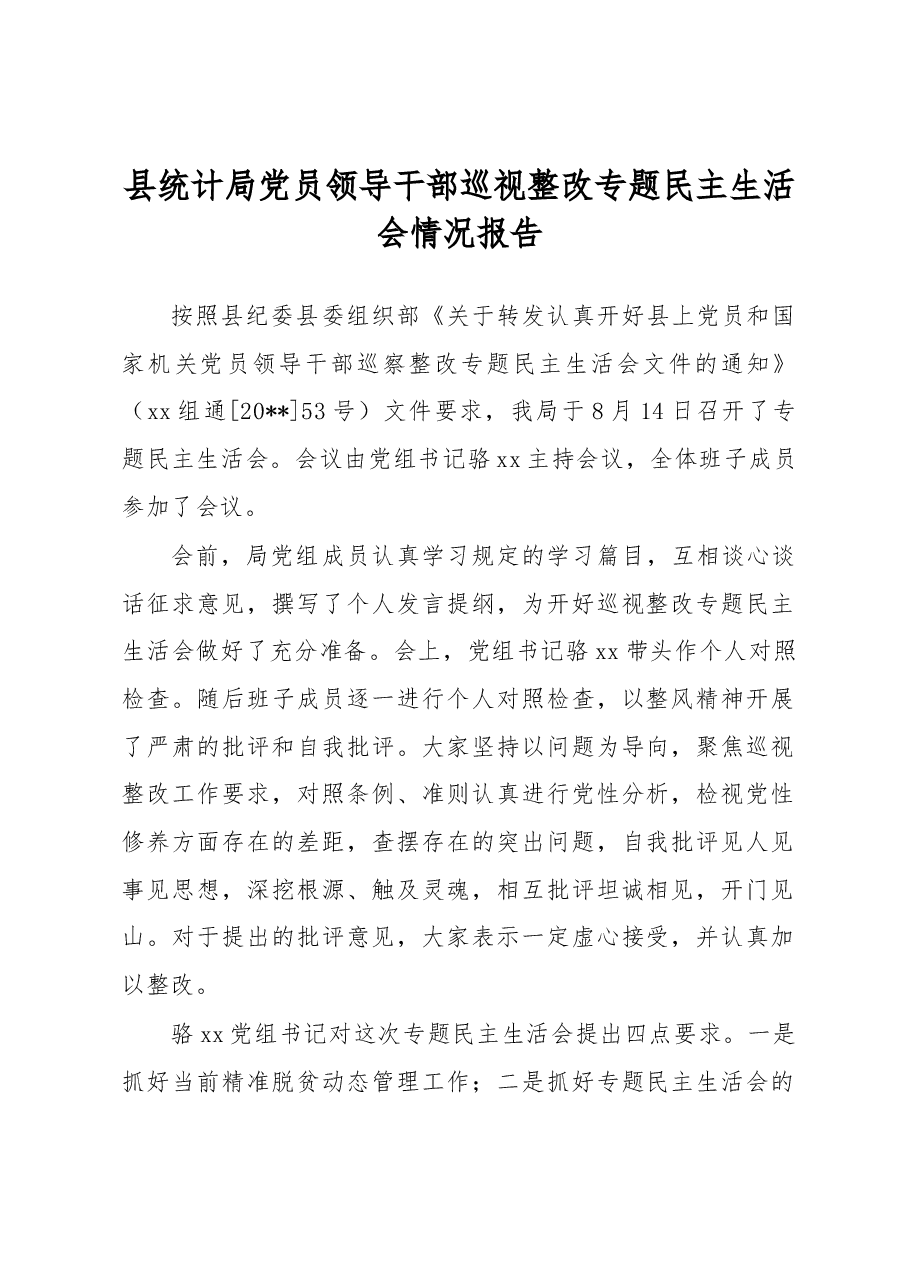 县统计局党员领导干部巡视整改专题民主生活会情况报告.docx,第1页预览