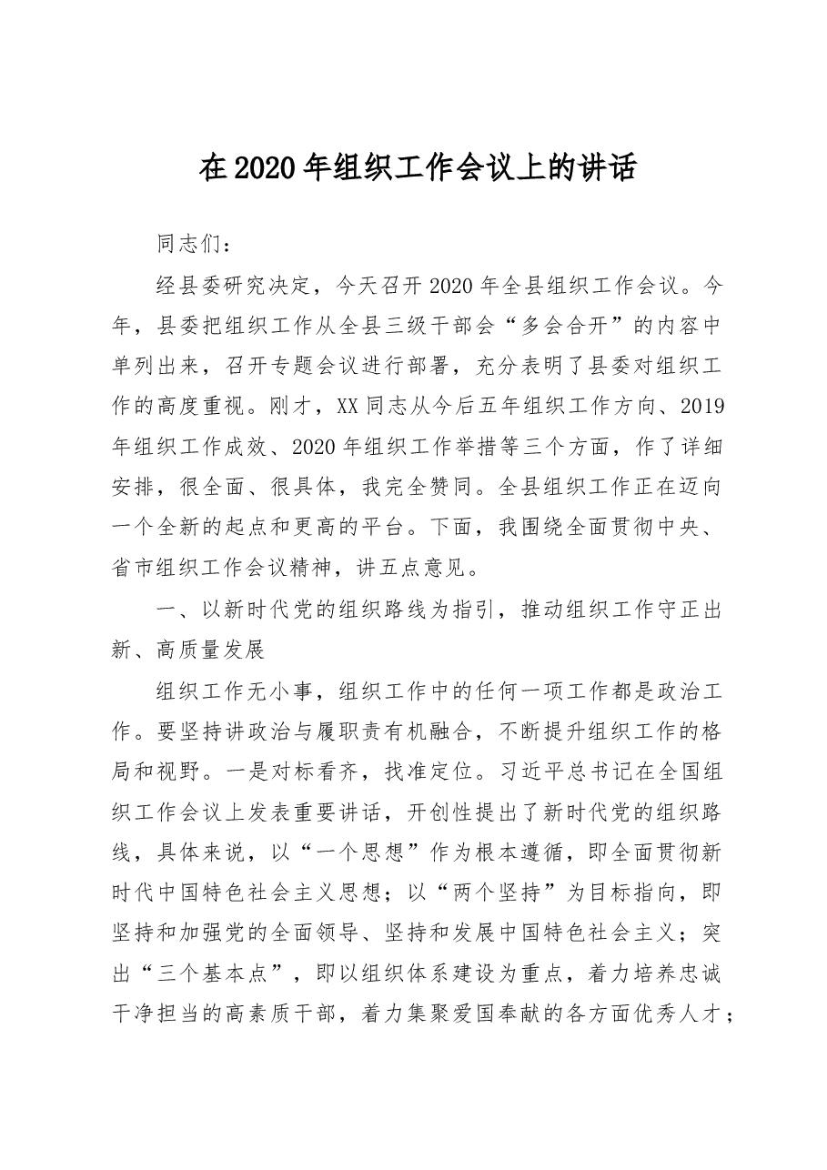在2020年组织工作会议上的讲话.docx,第1页预览