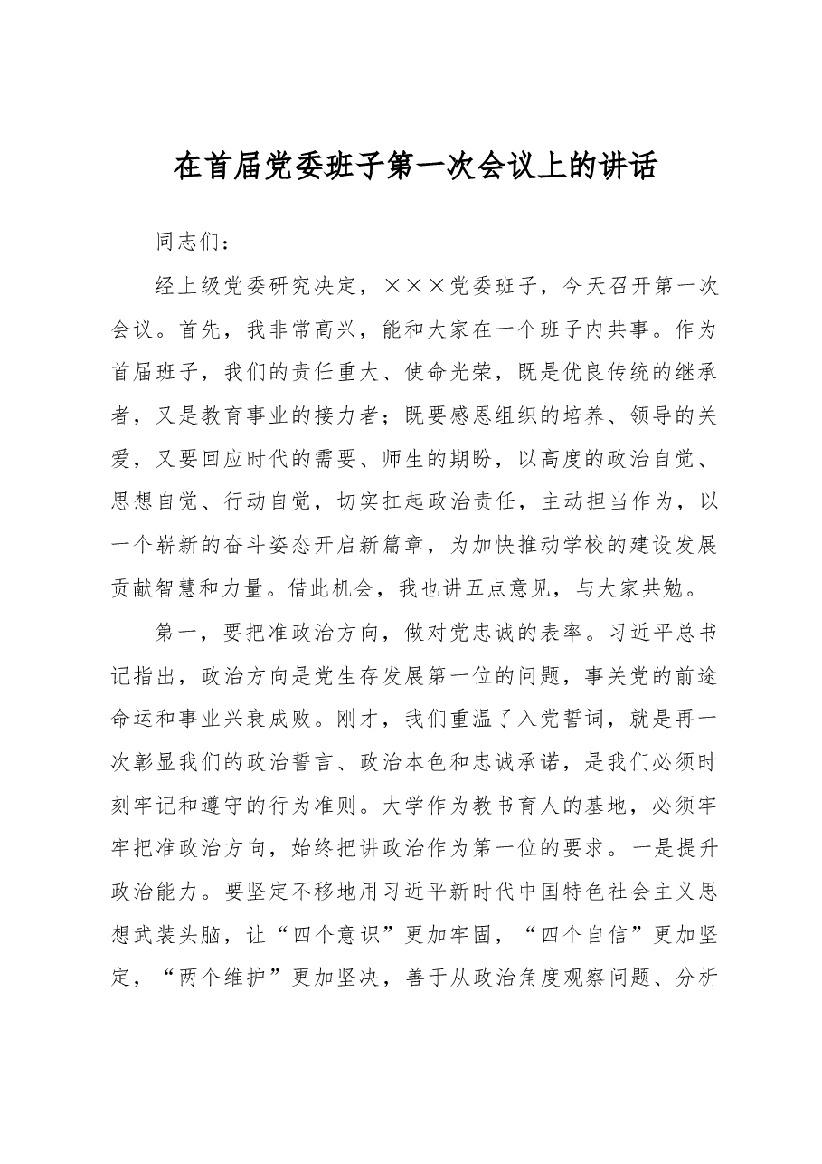 在首届党委班子第一次会议上的讲话.doc,第1页预览